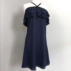 Off the shoulder navy with black polka dot dress.
